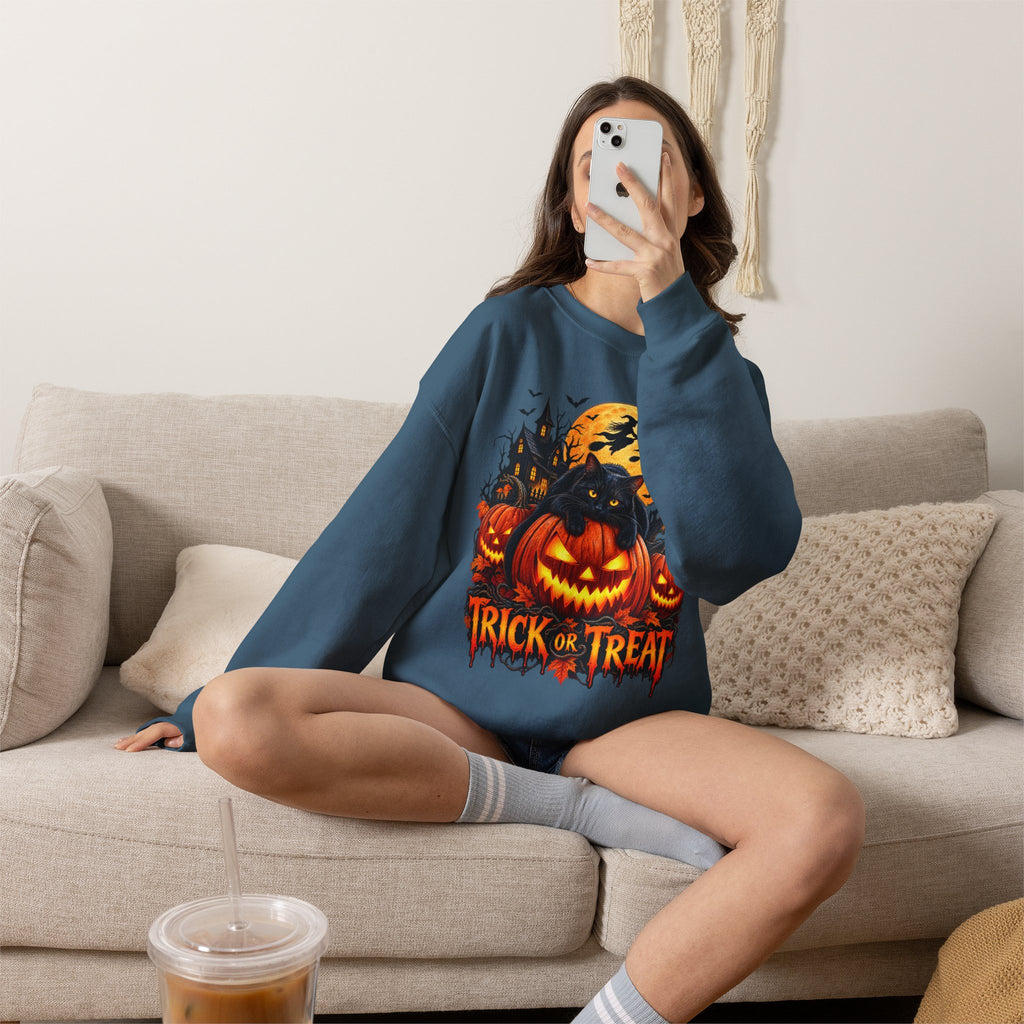 Trick or Treat Pumpkin Cat Sweatshirt | Halloween Jack-O'-Lantern Crewneck