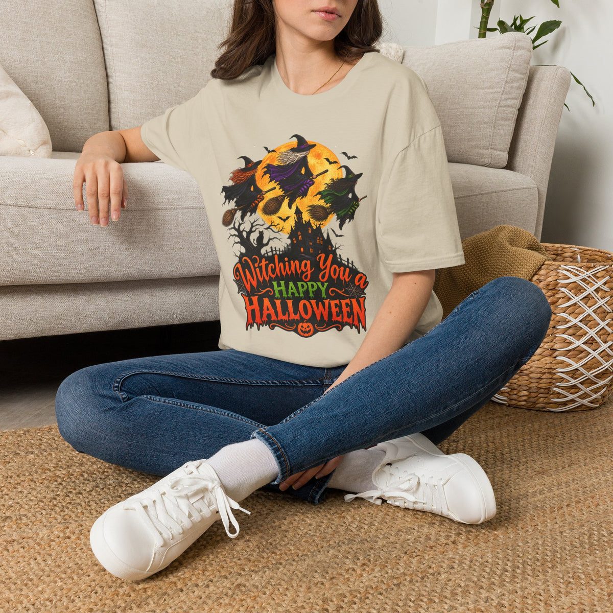 Witching You a Happy Halloween T-Shirt | Witch, Bats, Pumpkin, Moon