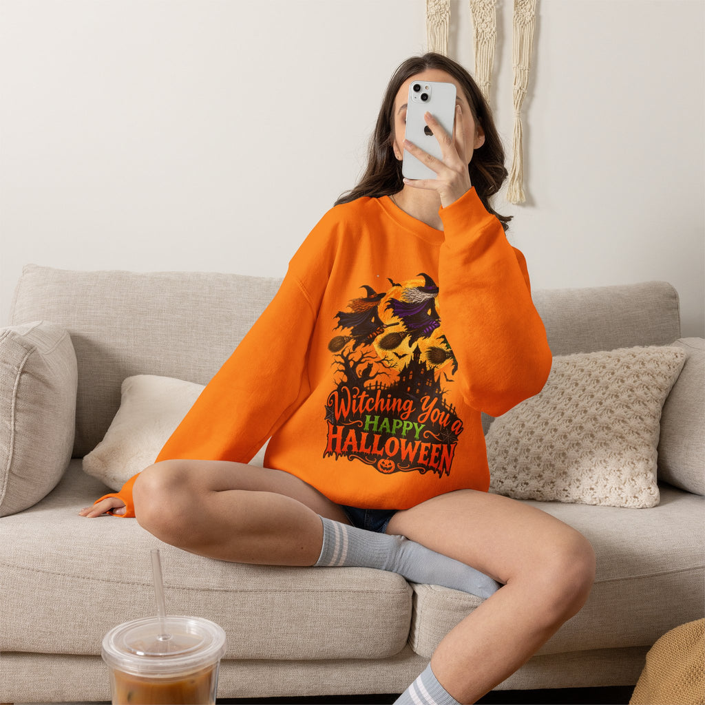 Witching You a Happy Halloween Crewneck Sweatshirt | Halloween Skull Moon Design