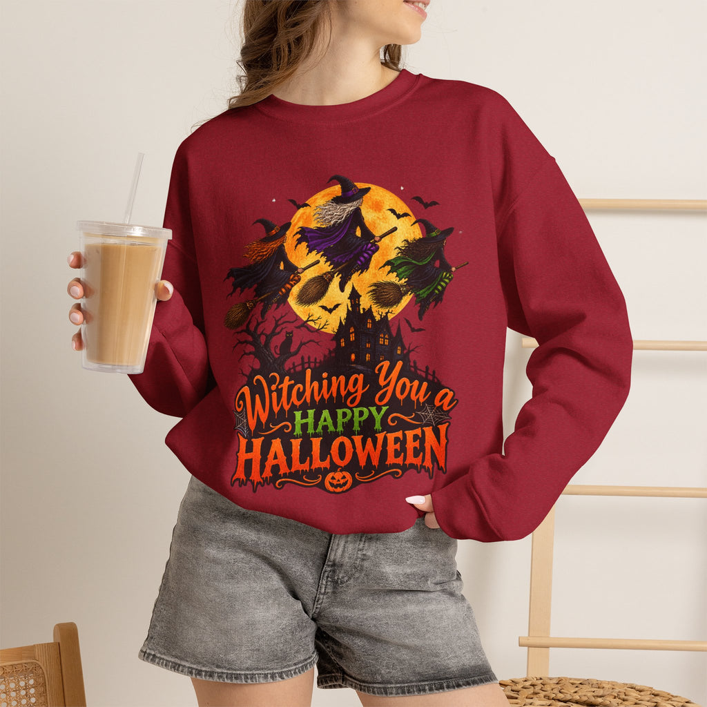 Witching You a Happy Halloween Crewneck Sweatshirt | Halloween Skull Moon Design