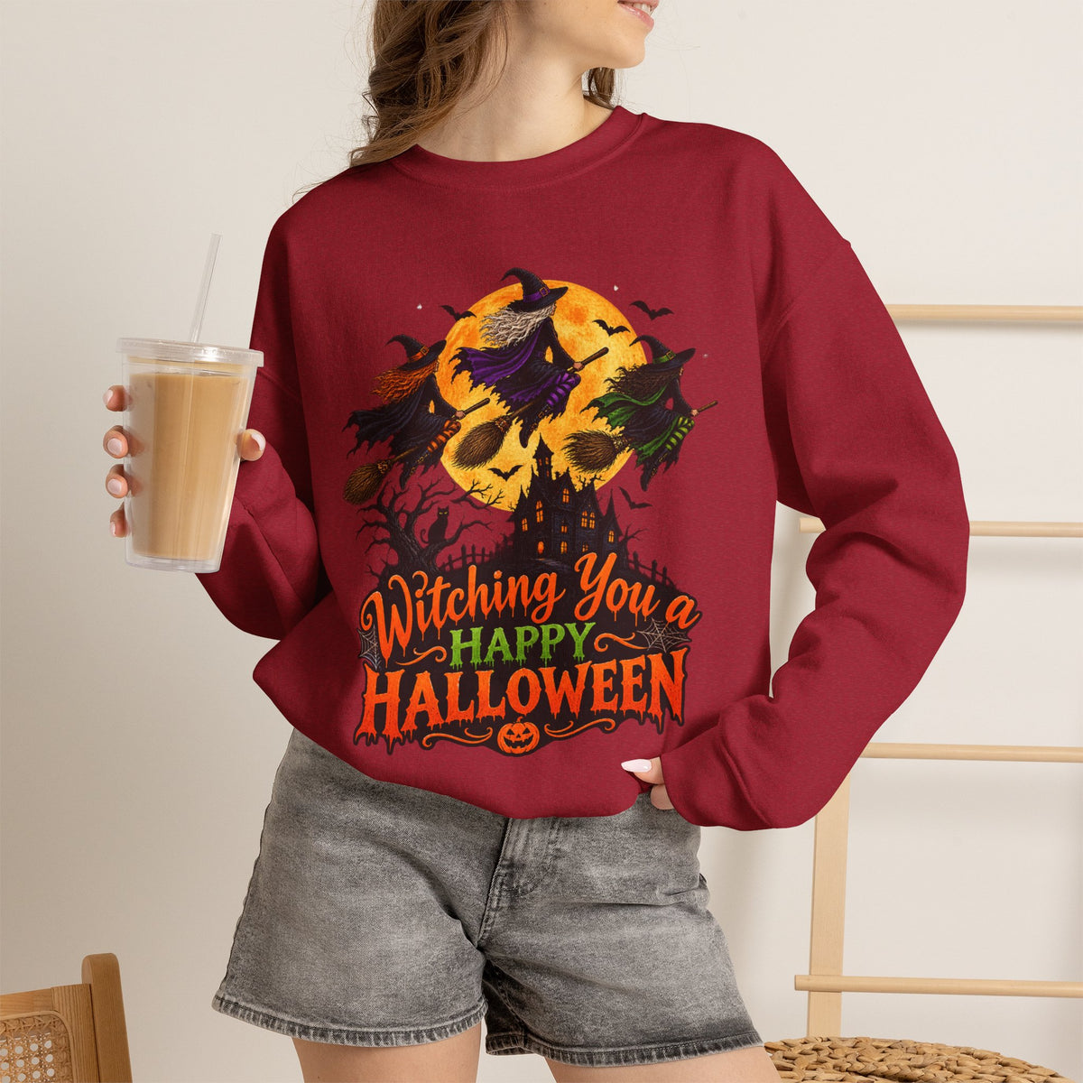 Witching You a Happy Halloween Crewneck Sweatshirt | Halloween Skull Moon Design
