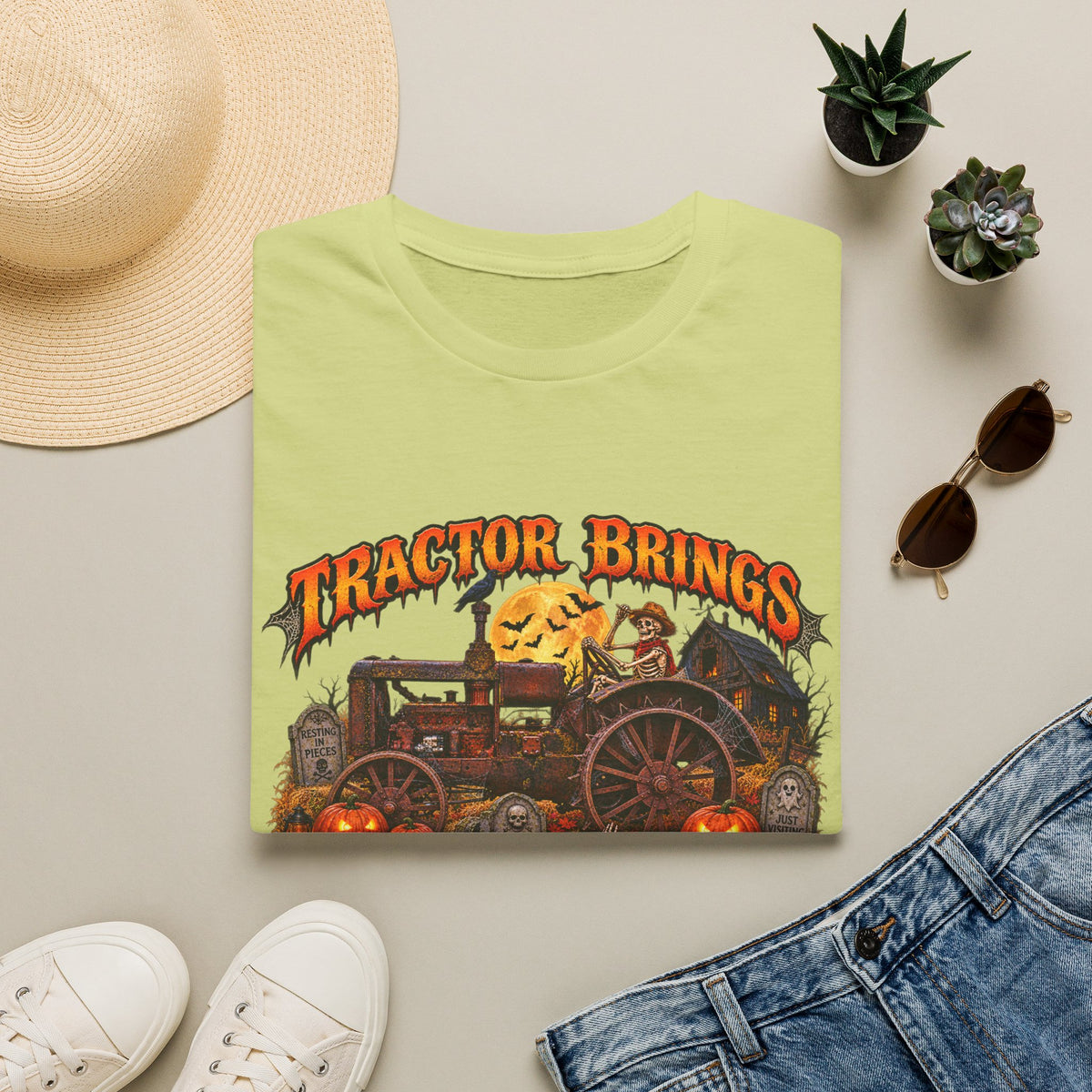 Tractor Brings Halloween Vibes T-Shirt | Pumpkin Farm Tractor Halloween Tee