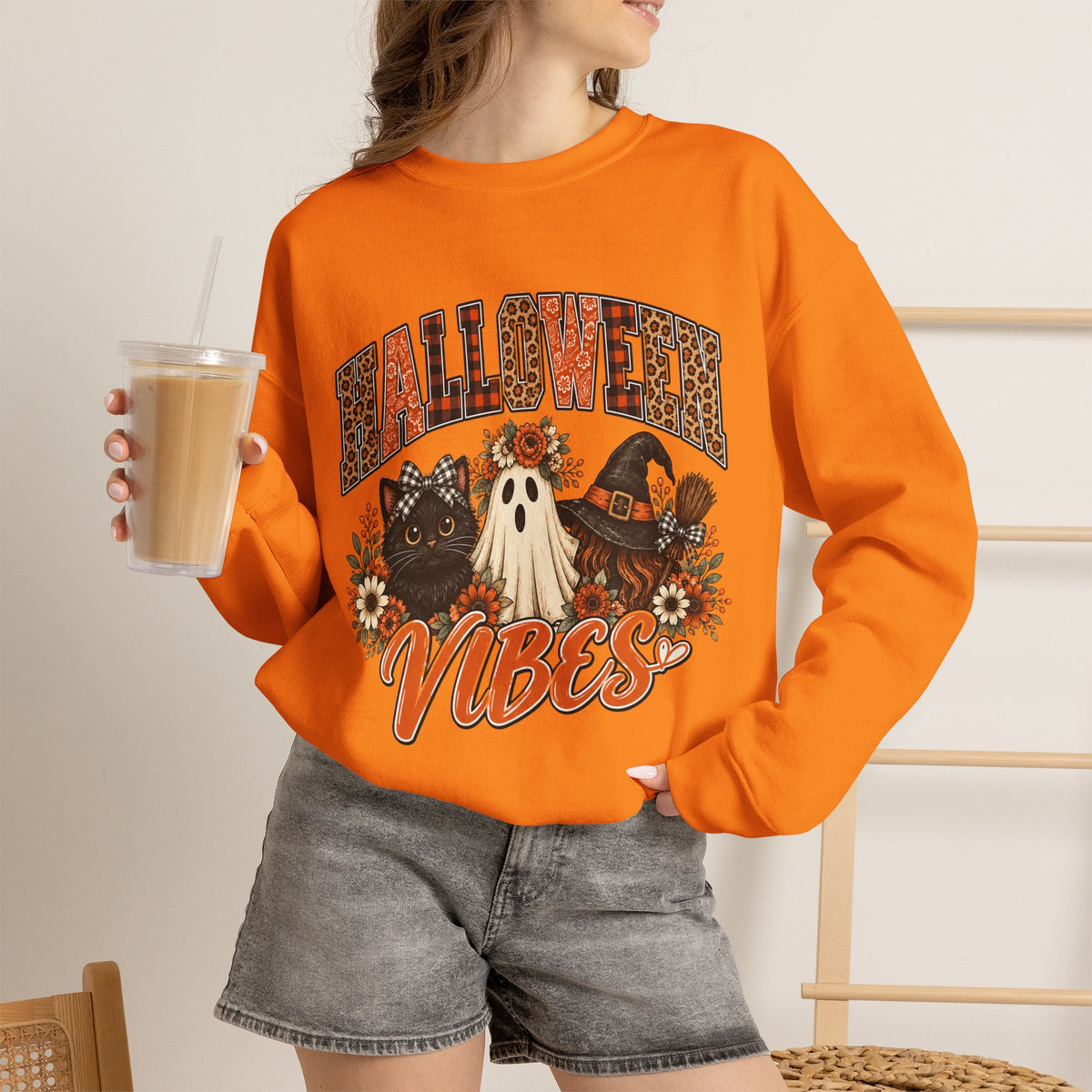 Halloween Vibes Sweatshirt — Cute Ghost & Black Cat Fall Crewneck