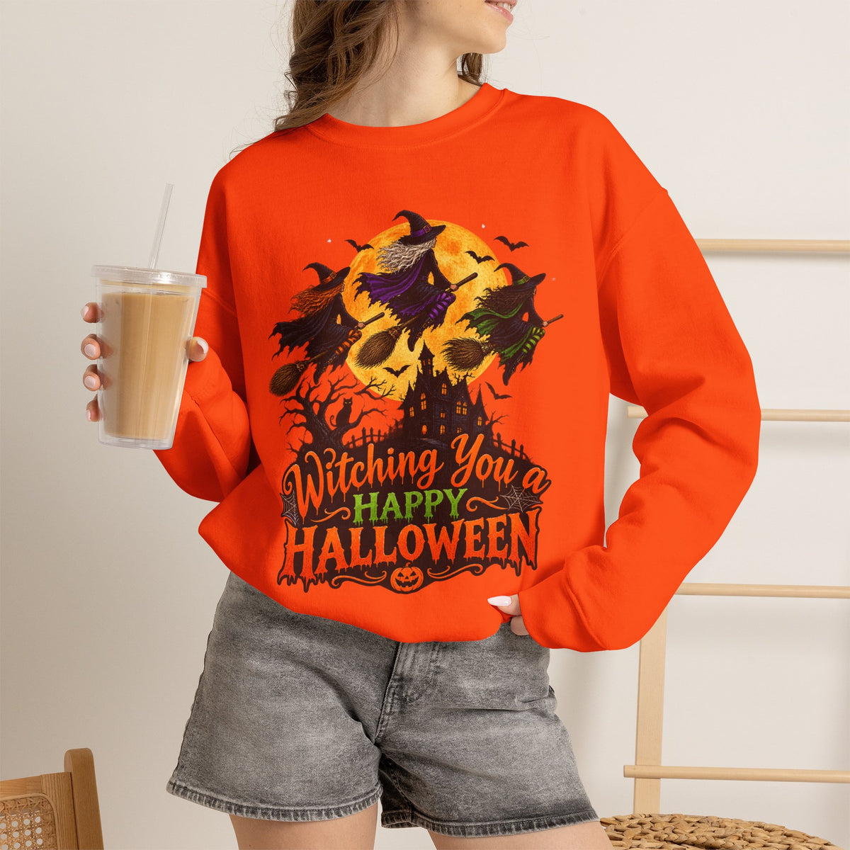 Witching You a Happy Halloween Crewneck Sweatshirt | Halloween Skull Moon Design