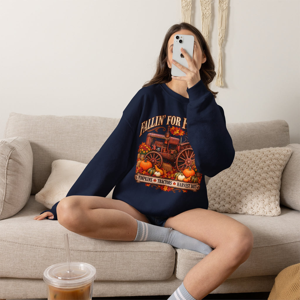 Fallin' for Farm Life Crewneck | Vintage Tractor, Pumpkins, Harvest