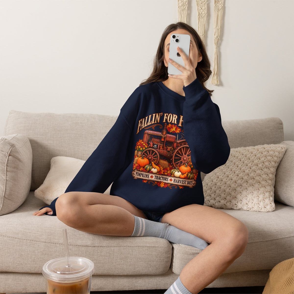 Fallin' for Farm Life Crewneck | Vintage Tractor, Pumpkins, Harvest
