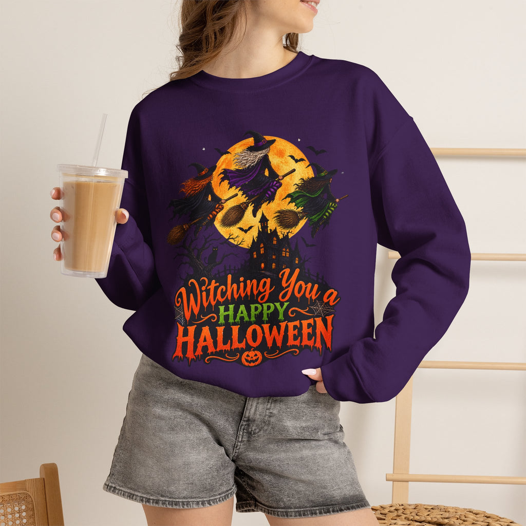 Witching You a Happy Halloween Crewneck Sweatshirt | Halloween Skull Moon Design