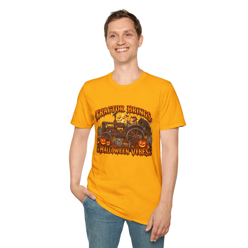 Tractor Brings Halloween Vibes T-Shirt | Pumpkin Farm Tractor Halloween Tee