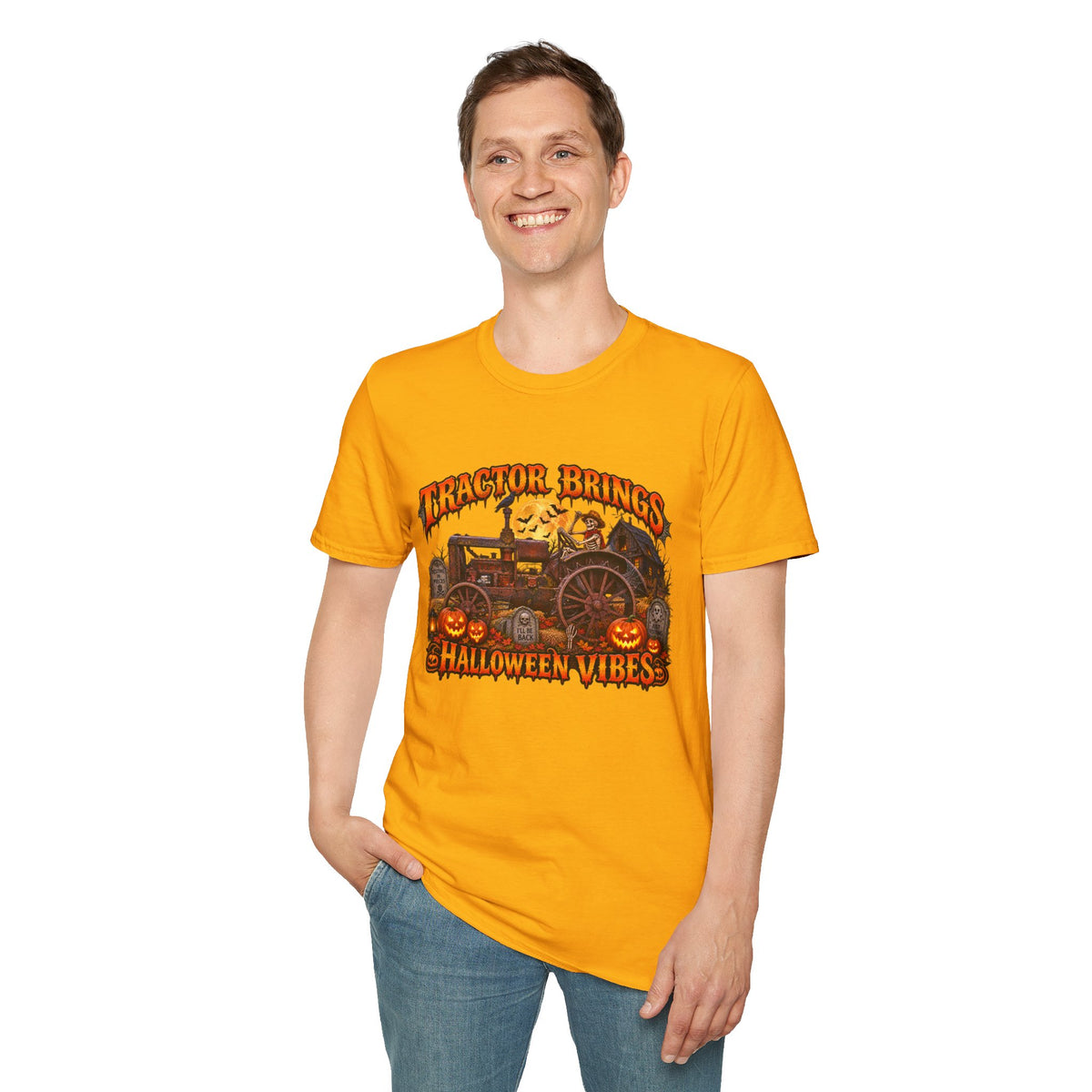 Tractor Brings Halloween Vibes T-Shirt | Pumpkin Farm Tractor Halloween Tee