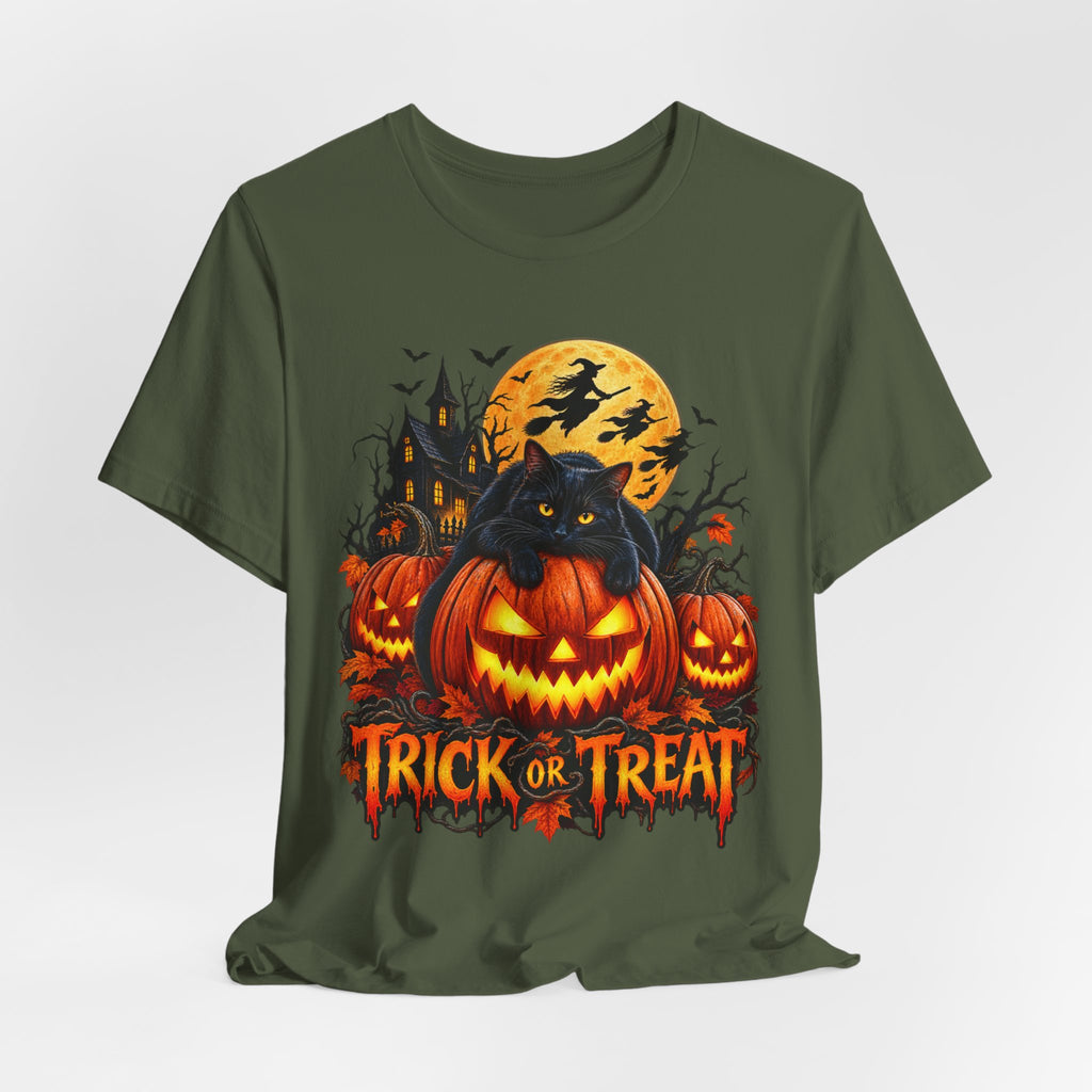 Trick or Treat Jack-O'-Lanterns Pumpkin Cat T-Shirt | Halloween Tee, Spooky Haunted Moon