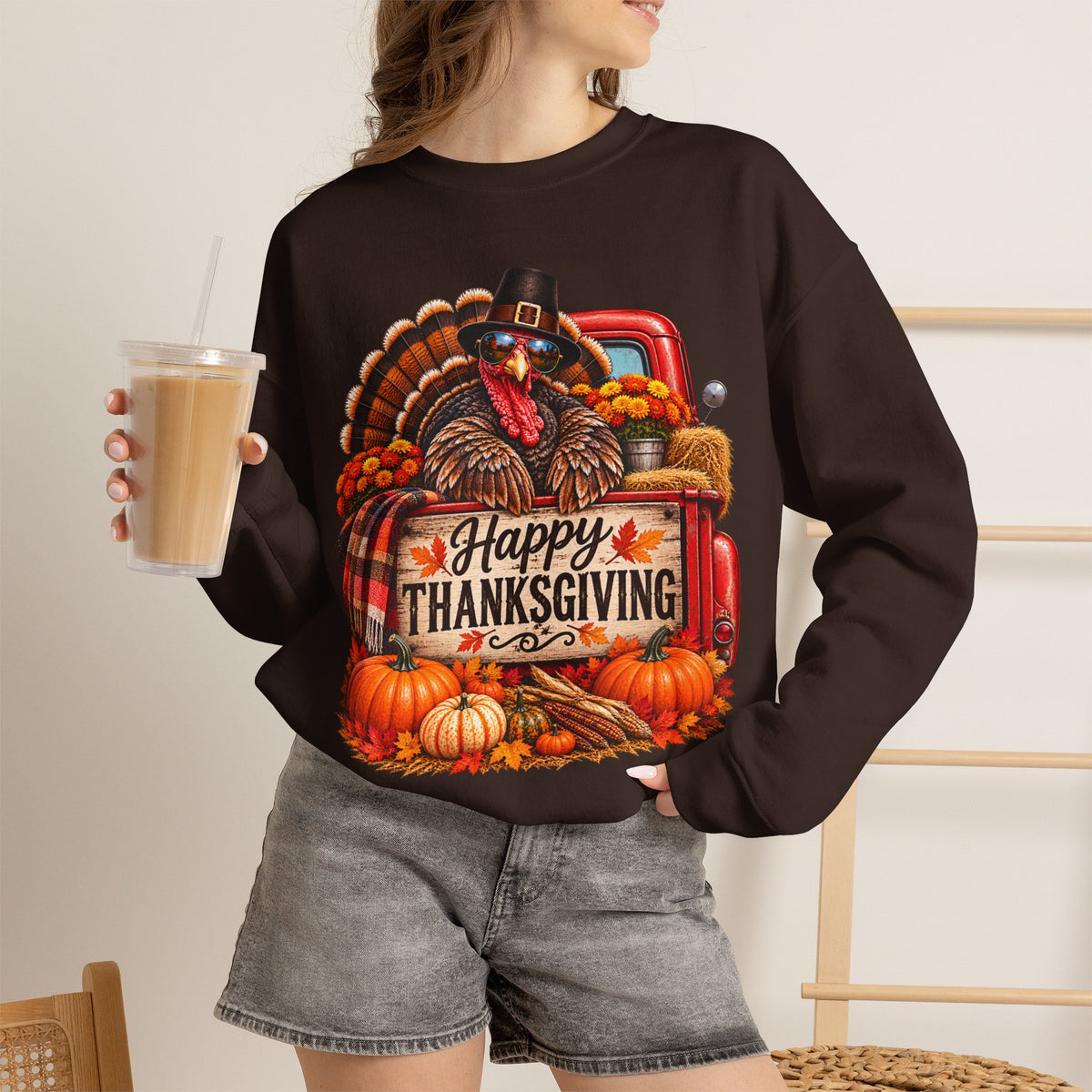 Happy Thanksgiving Turkey Sweatshirt — Fall Pumpkin Harvest Crewneck