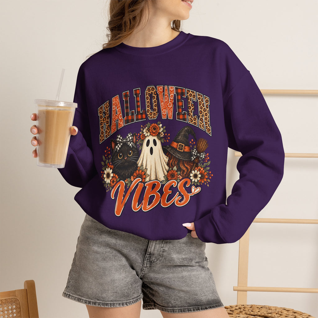 Halloween Vibes Sweatshirt — Cute Ghost & Black Cat Fall Crewneck
