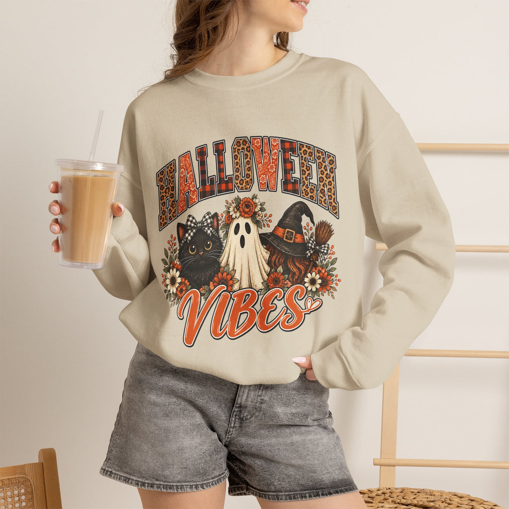 Halloween Vibes Sweatshirt — Cute Ghost & Black Cat Fall Crewneck