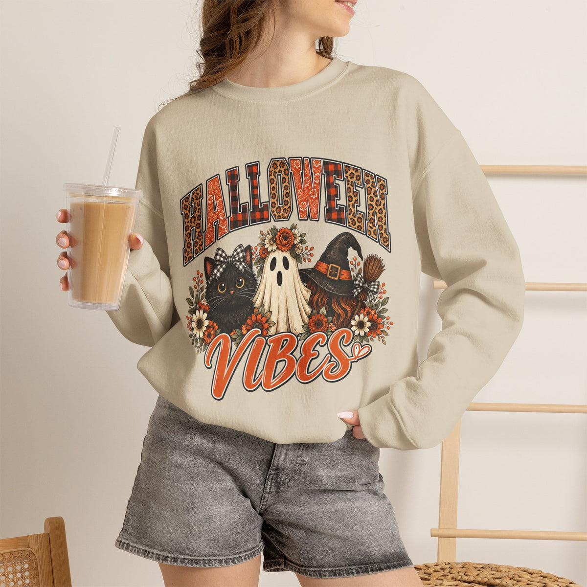 Halloween Vibes Sweatshirt — Cute Ghost & Black Cat Fall Crewneck