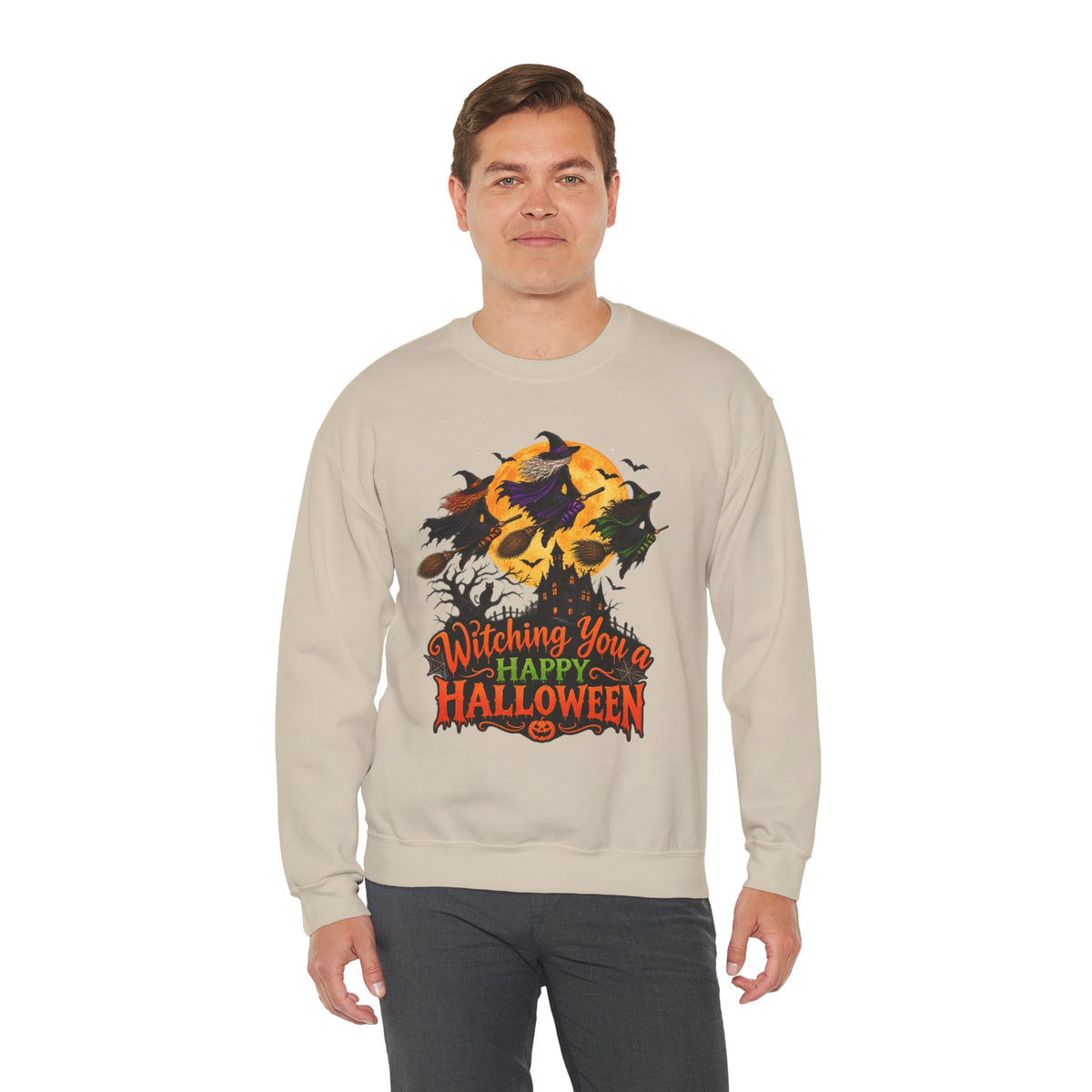 Witching You a Happy Halloween Crewneck Sweatshirt | Halloween Skull Moon Design