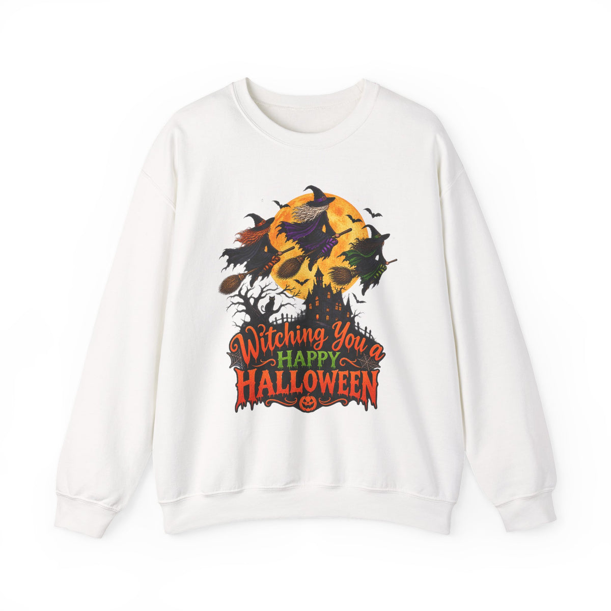 Witching You a Happy Halloween Crewneck Sweatshirt | Halloween Skull Moon Design