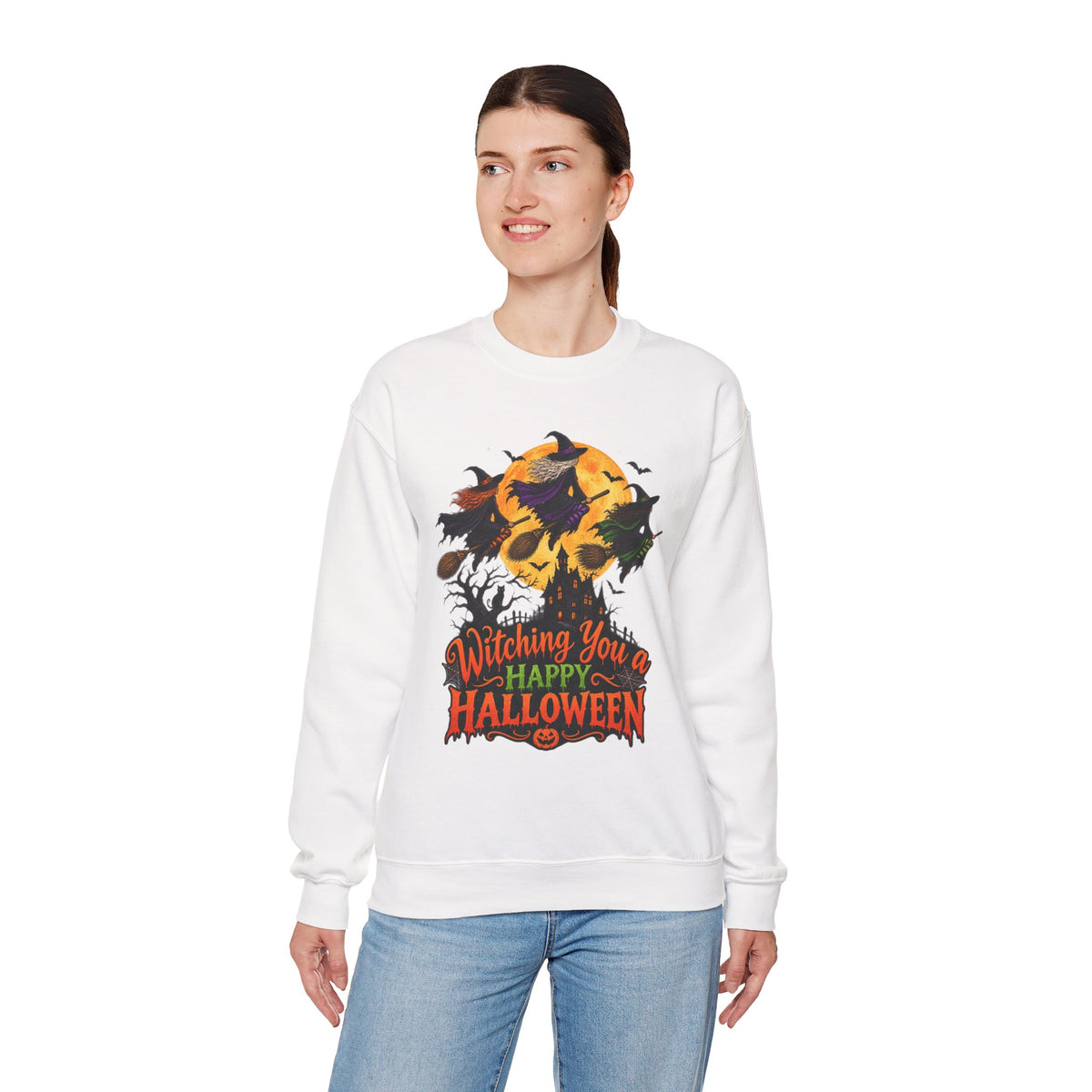 Witching You a Happy Halloween Crewneck Sweatshirt | Halloween Skull Moon Design