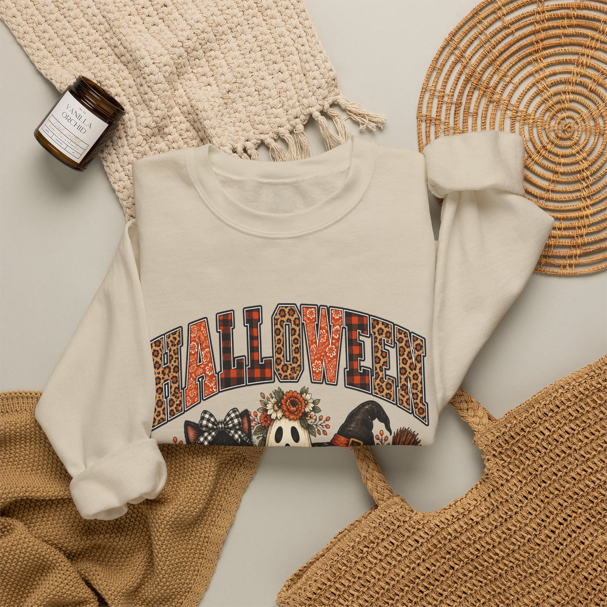 Halloween Vibes Sweatshirt — Cute Ghost & Black Cat Fall Crewneck