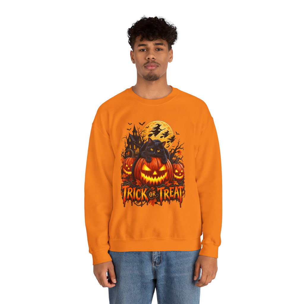 Trick or Treat Pumpkin Cat Sweatshirt | Halloween Jack-O'-Lantern Crewneck