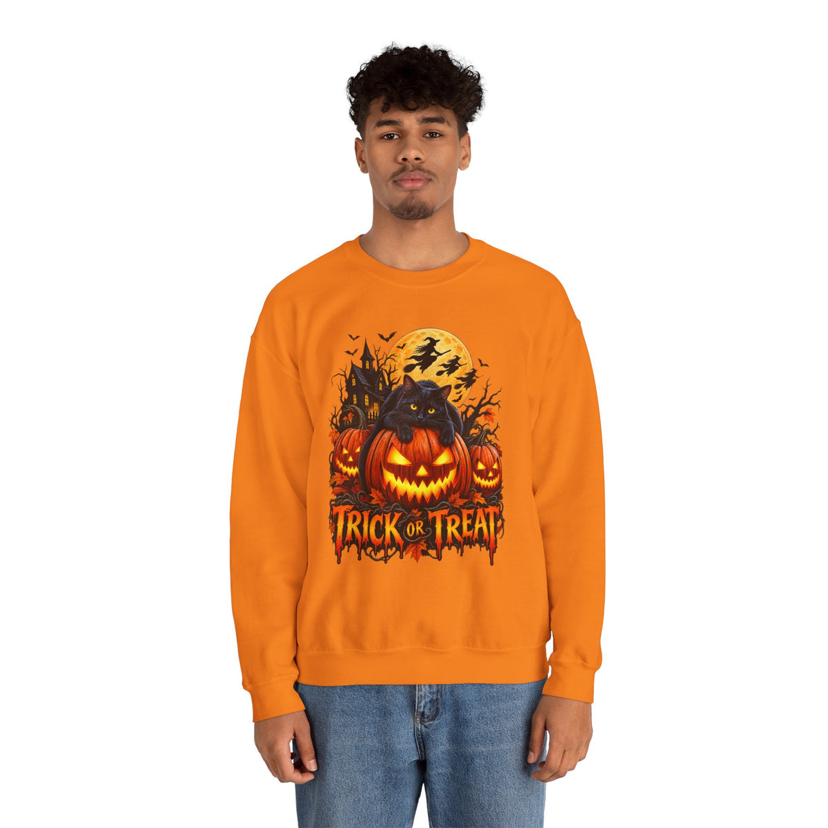 Trick or Treat Pumpkin Cat Sweatshirt | Halloween Jack-O'-Lantern Crewneck