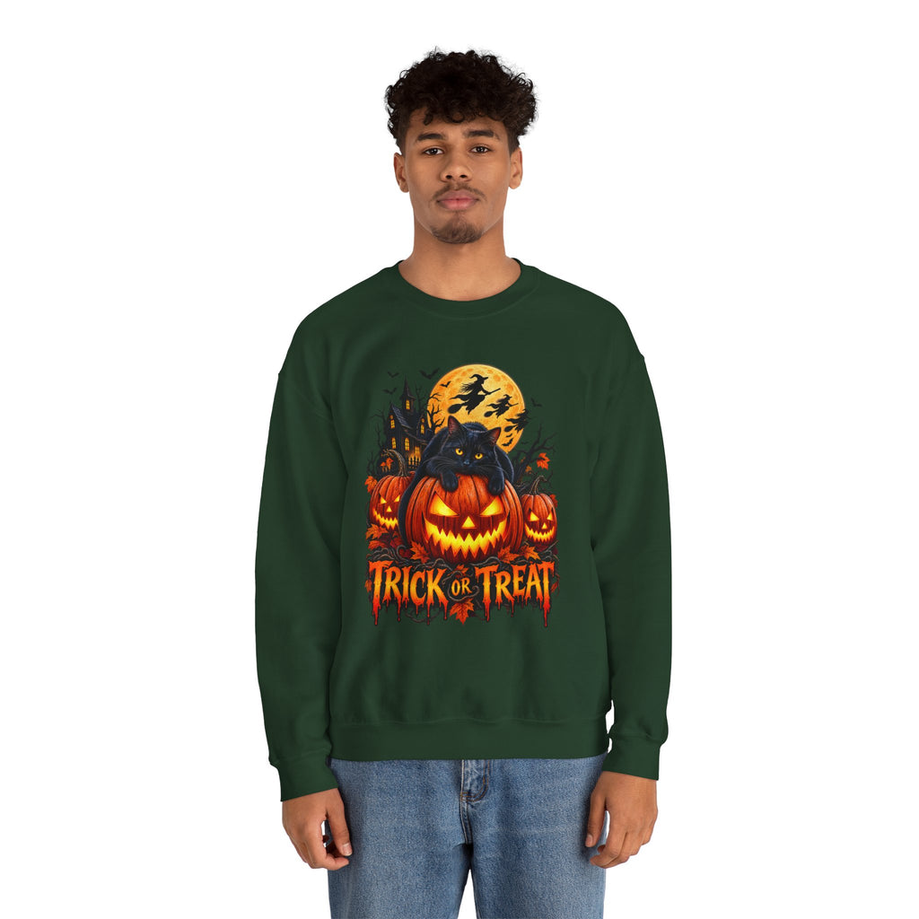 Trick or Treat Pumpkin Cat Sweatshirt | Halloween Jack-O'-Lantern Crewneck