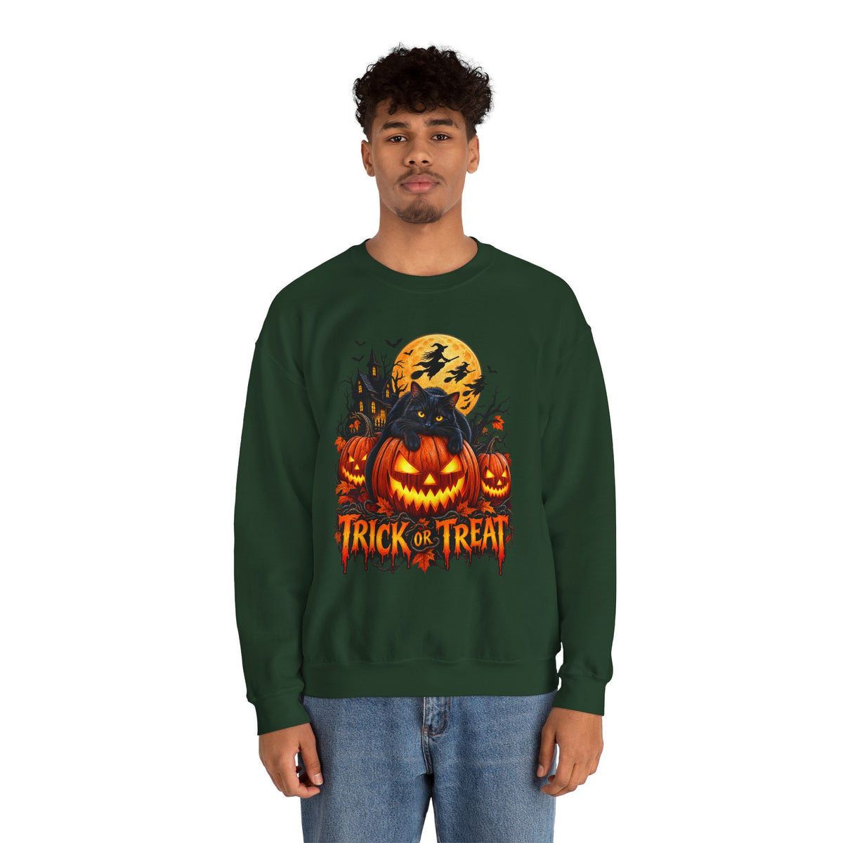 Trick or Treat Pumpkin Cat Sweatshirt | Halloween Jack-O'-Lantern Crewneck