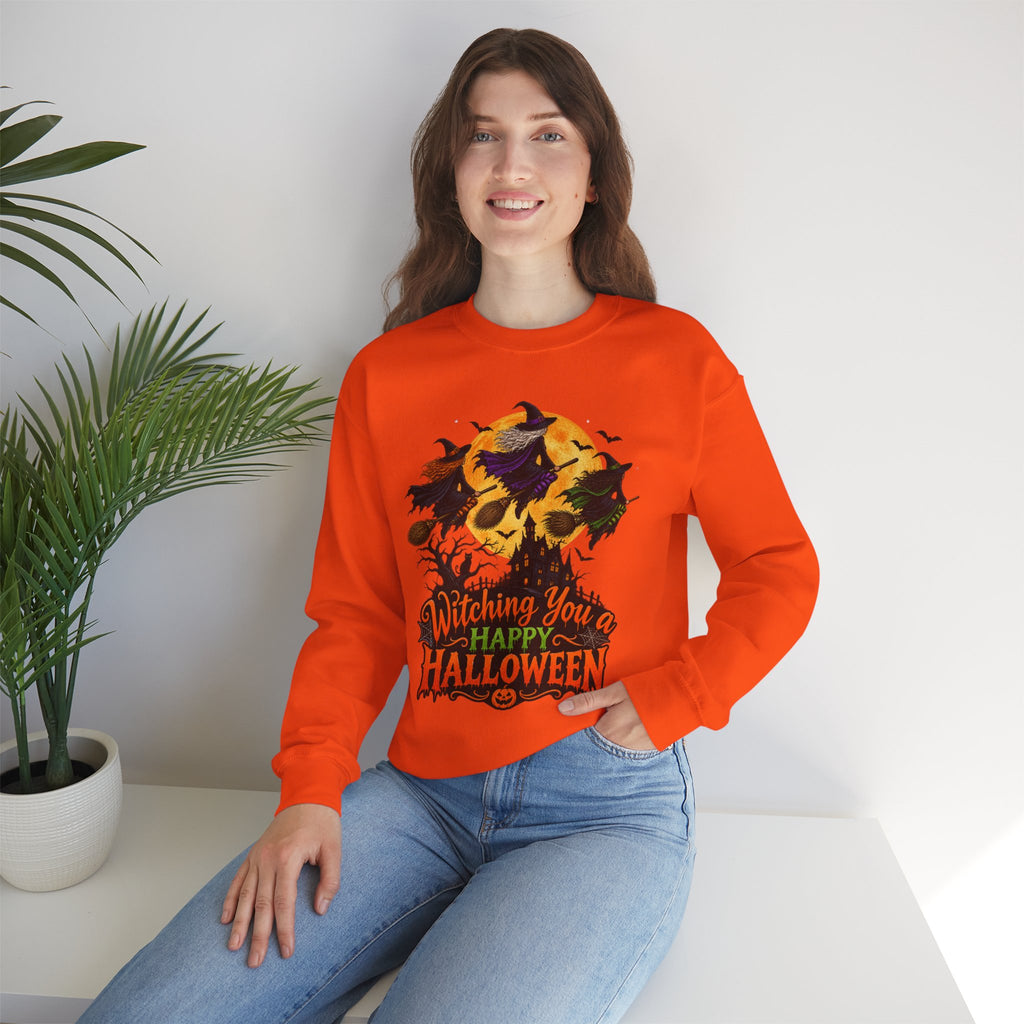 Witching You a Happy Halloween Crewneck Sweatshirt | Halloween Skull Moon Design
