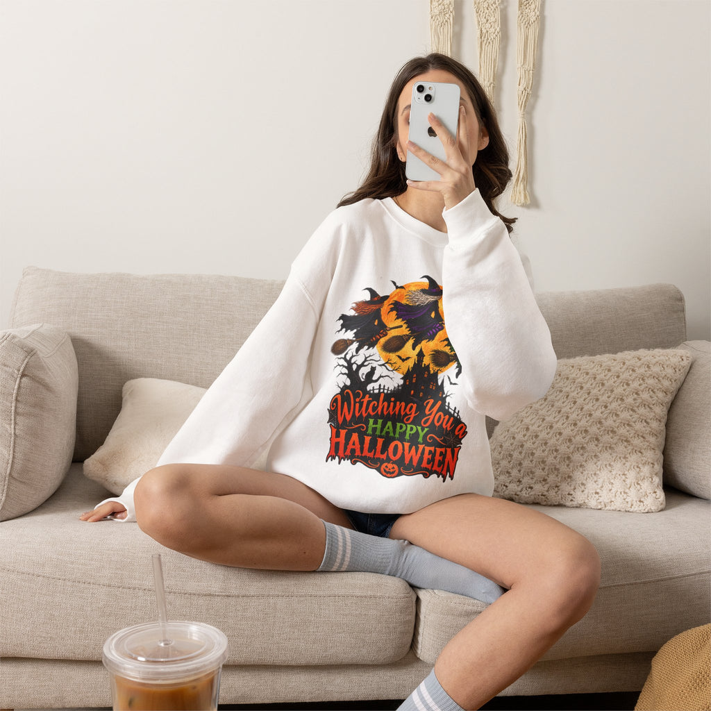 Witching You a Happy Halloween Crewneck Sweatshirt | Halloween Skull Moon Design