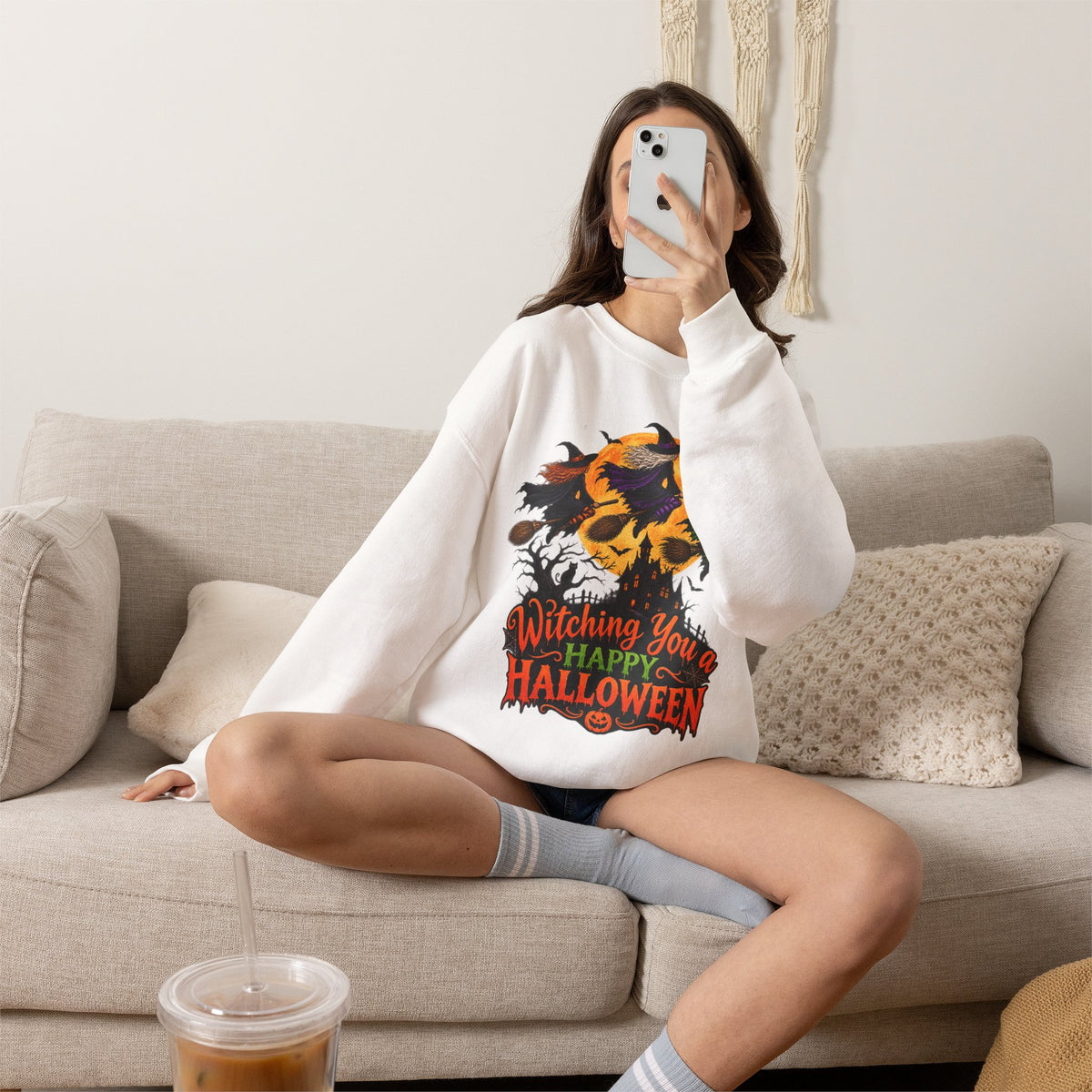 Witching You a Happy Halloween Crewneck Sweatshirt | Halloween Skull Moon Design