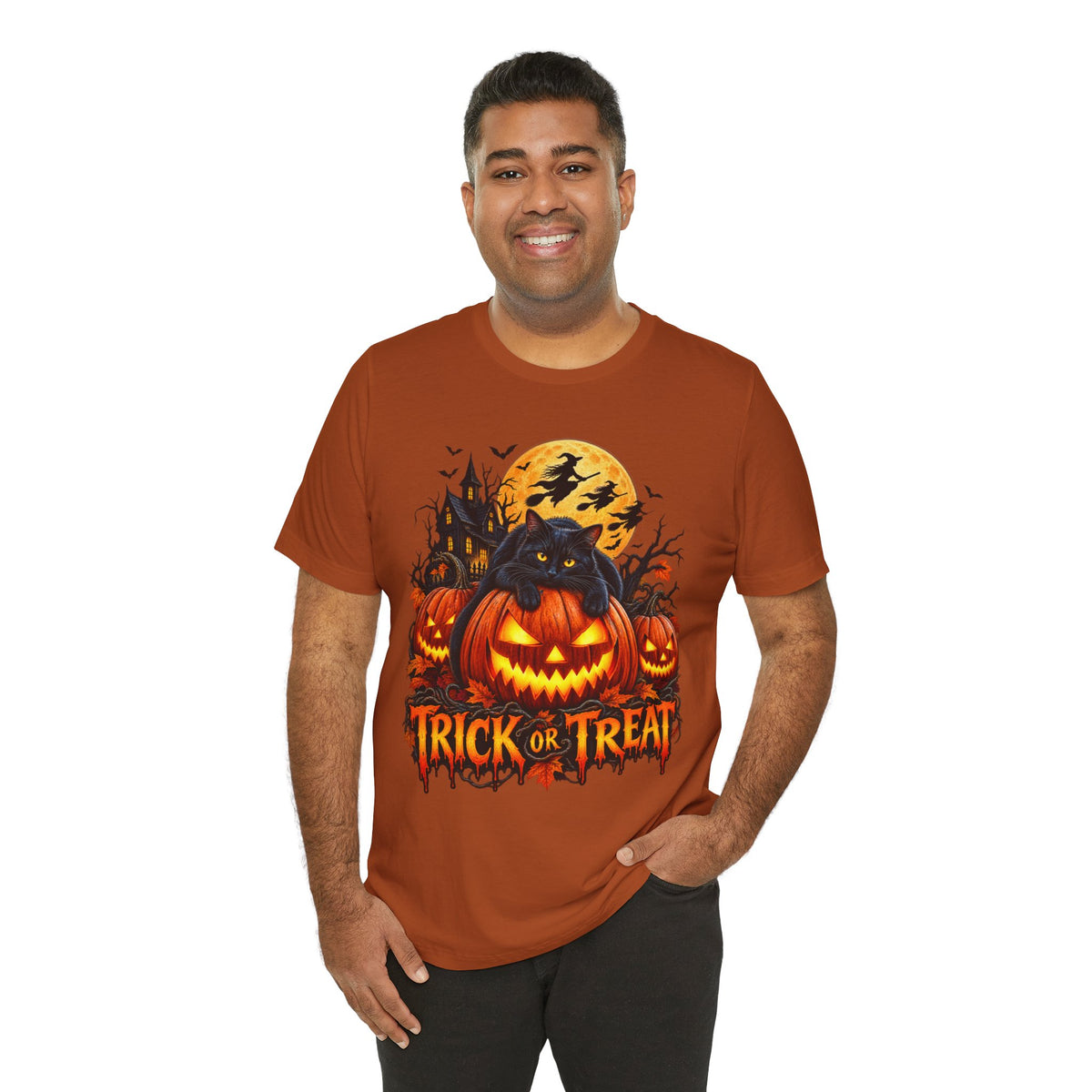 Trick or Treat Jack-O'-Lanterns Pumpkin Cat T-Shirt | Halloween Tee, Spooky Haunted Moon