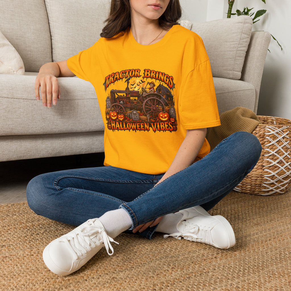 Tractor Brings Halloween Vibes T-Shirt | Pumpkin Farm Tractor Halloween Tee
