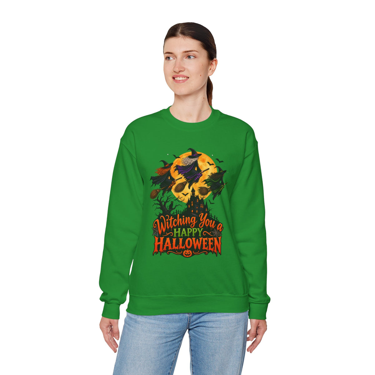 Witching You a Happy Halloween Crewneck Sweatshirt | Halloween Skull Moon Design