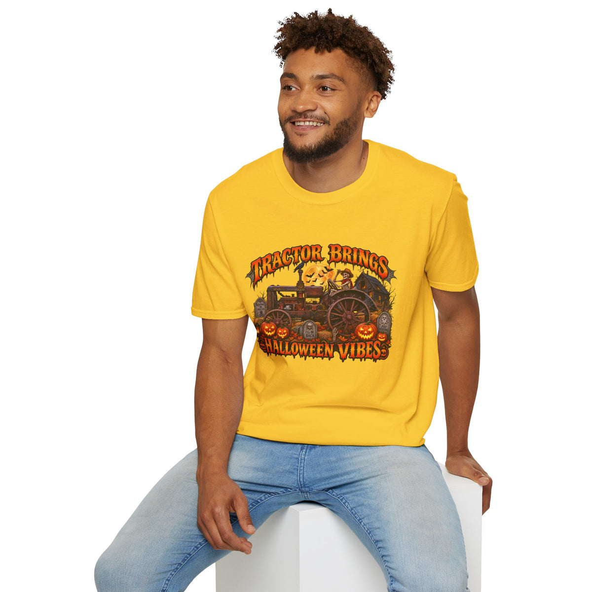 Tractor Brings Halloween Vibes T-Shirt | Pumpkin Farm Tractor Halloween Tee