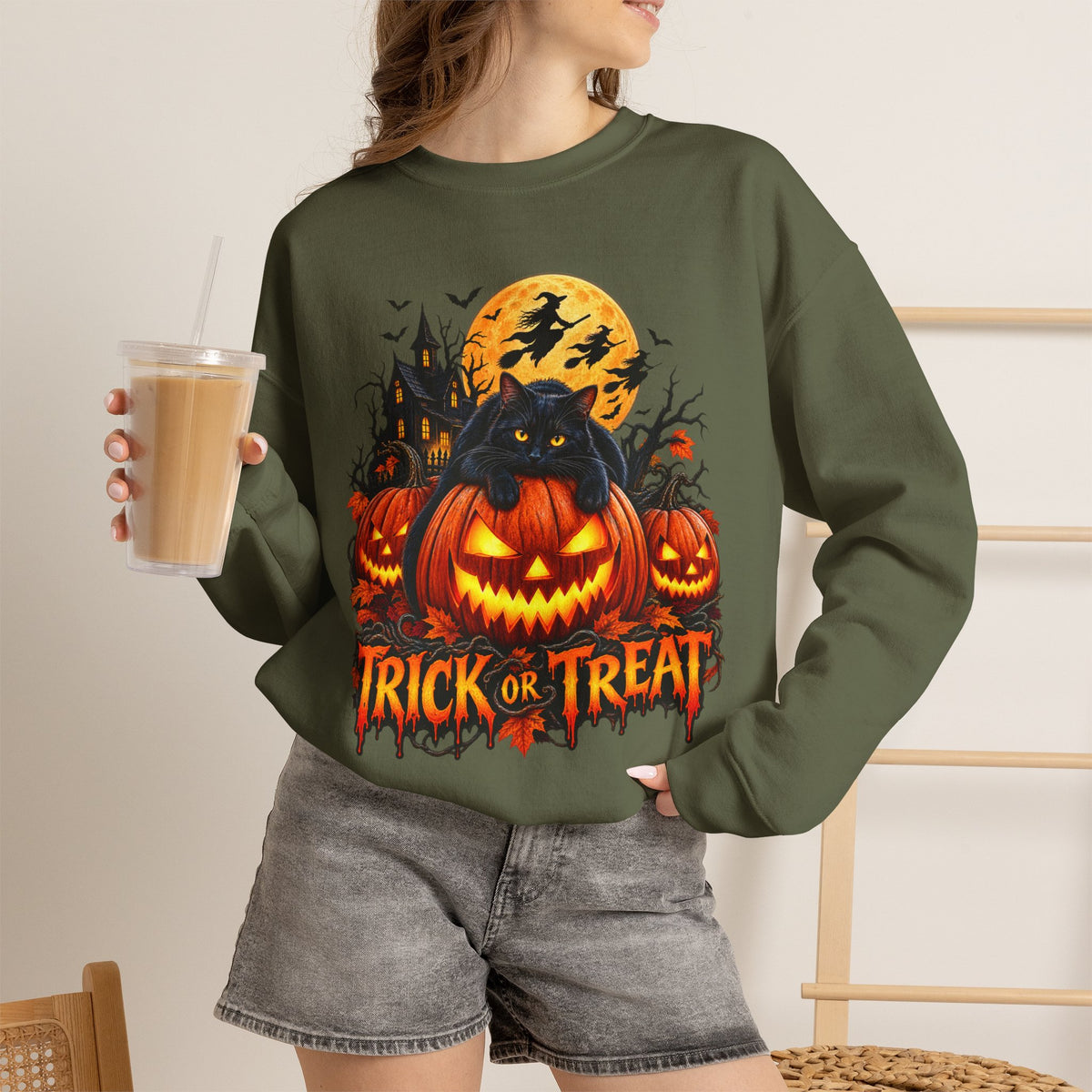 Trick or Treat Pumpkin Cat Sweatshirt | Halloween Jack-O'-Lantern Crewneck