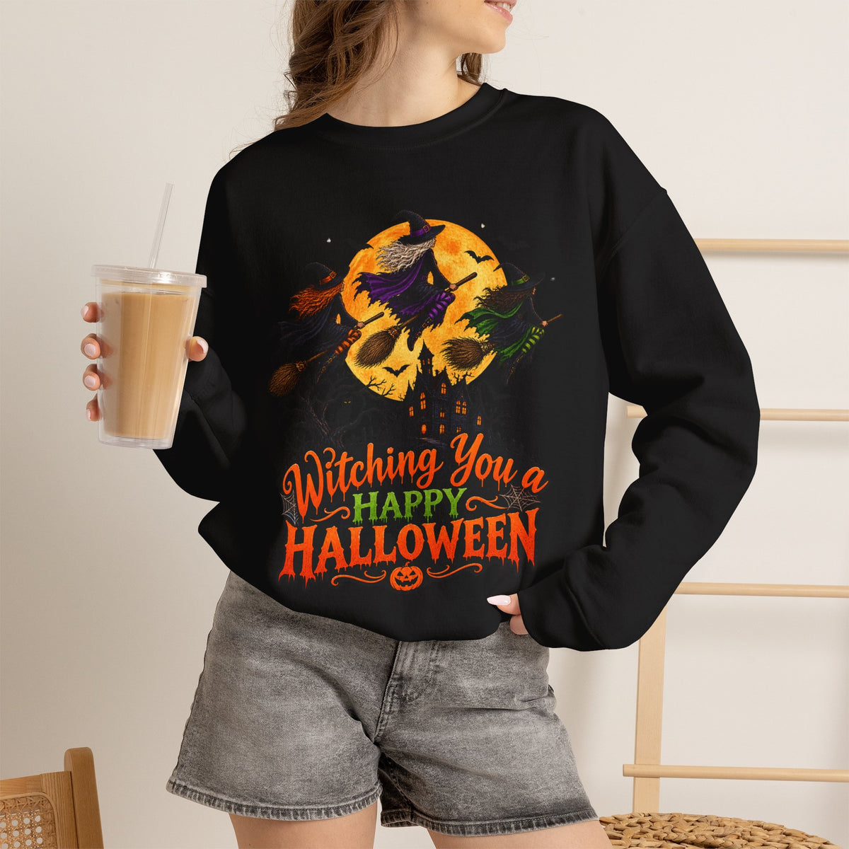 Witching You a Happy Halloween Crewneck Sweatshirt | Halloween Skull Moon Design