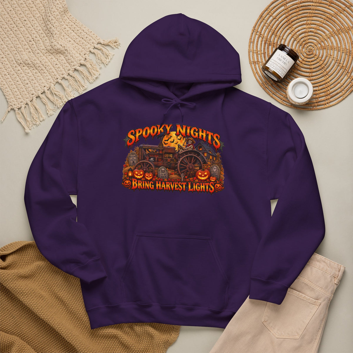 Spooky Nights Bring Harvest Lights Hoodie | Halloween Pumpkin Wagon Sweatshirt