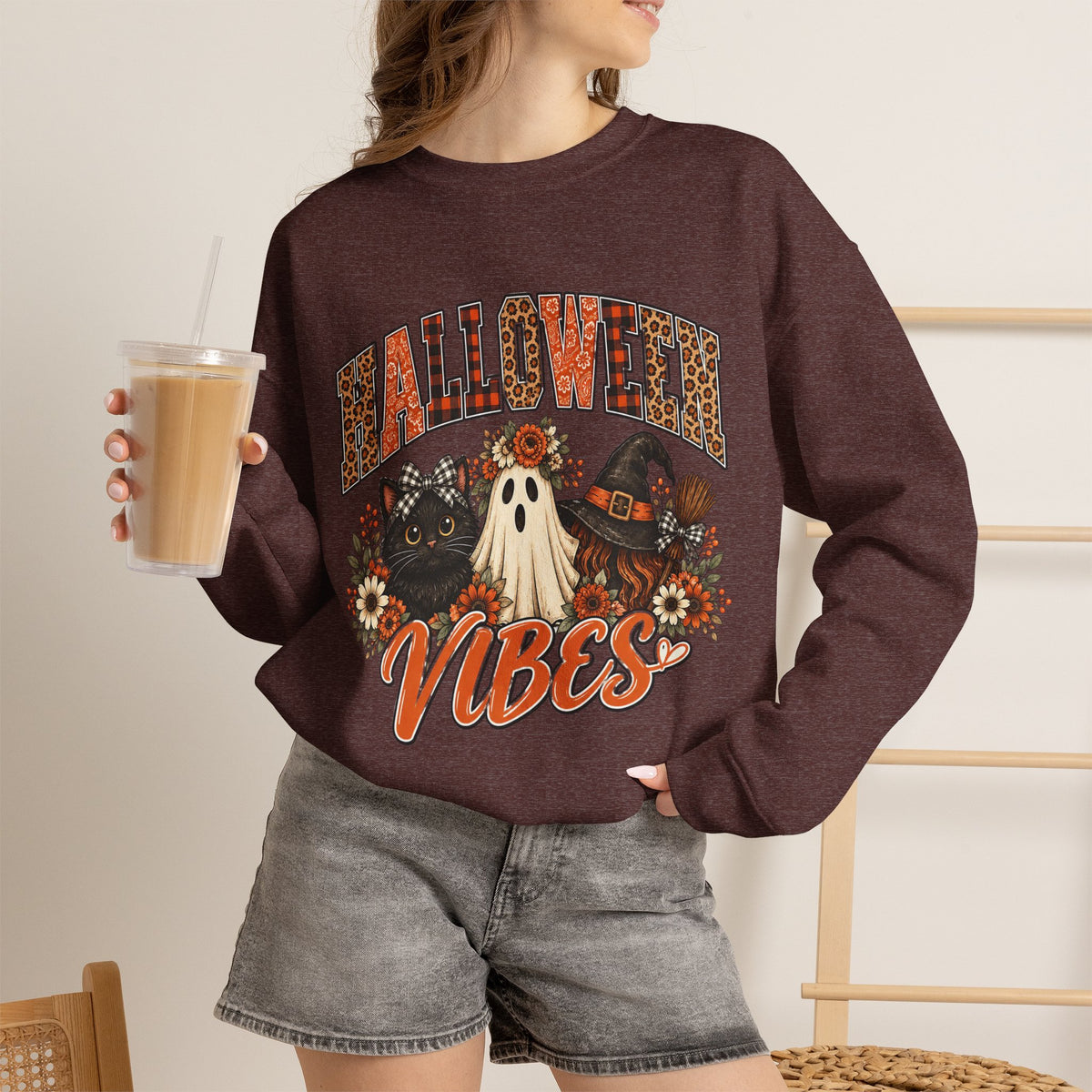 Halloween Vibes Sweatshirt — Cute Ghost & Black Cat Fall Crewneck