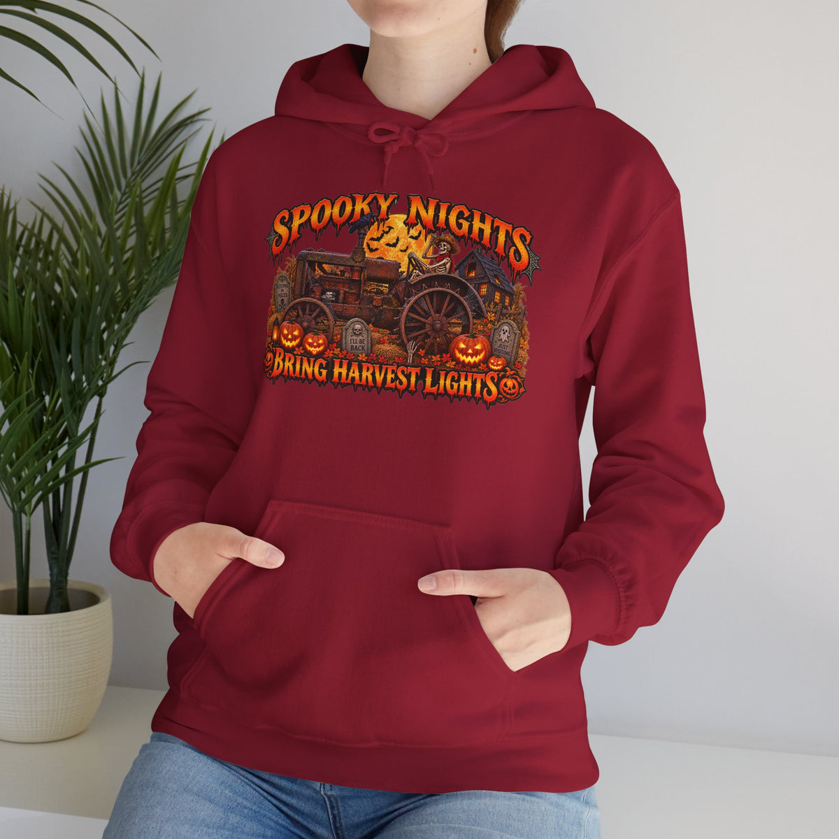 Spooky Nights Bring Harvest Lights Hoodie | Halloween Pumpkin Wagon Sweatshirt