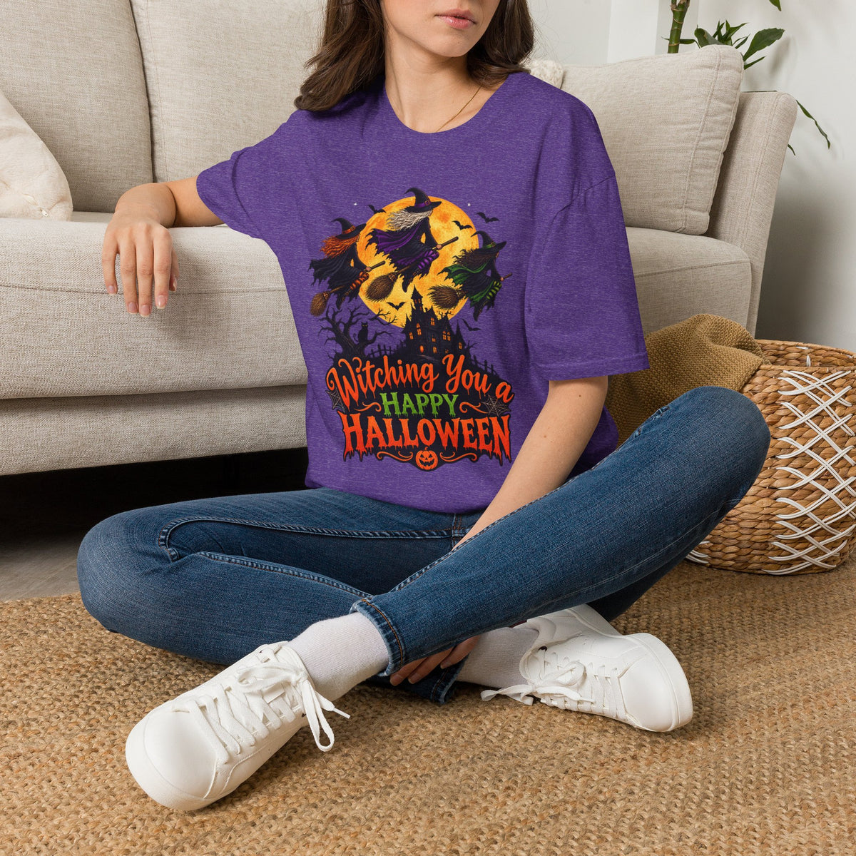 Witching You a Happy Halloween T-Shirt | Witch, Bats, Pumpkin, Moon