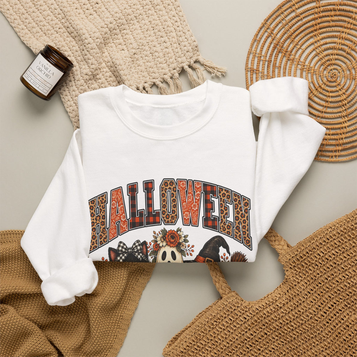 Halloween Vibes Sweatshirt — Cute Ghost & Black Cat Fall Crewneck