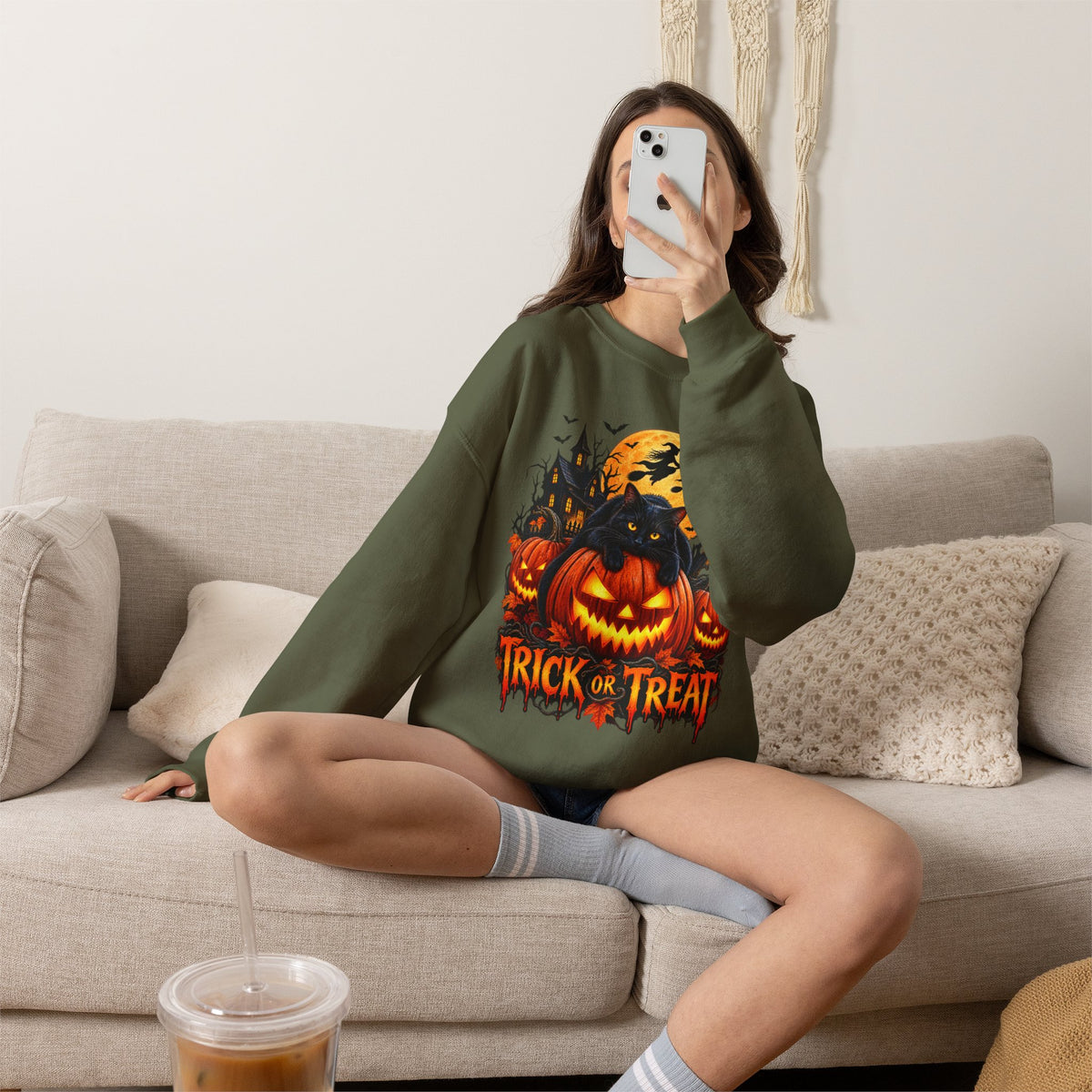 Trick or Treat Pumpkin Cat Sweatshirt | Halloween Jack-O'-Lantern Crewneck