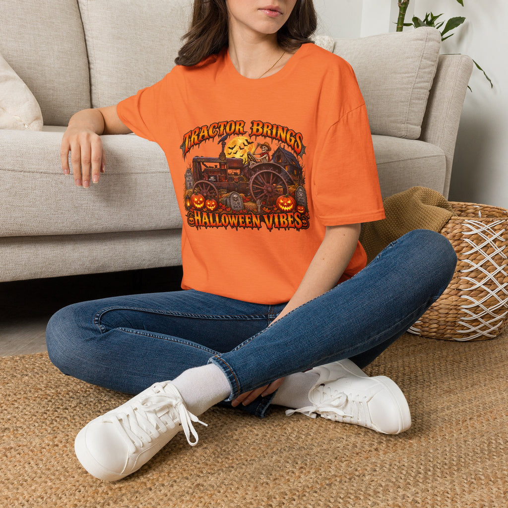 Tractor Brings Halloween Vibes T-Shirt | Pumpkin Farm Tractor Halloween Tee