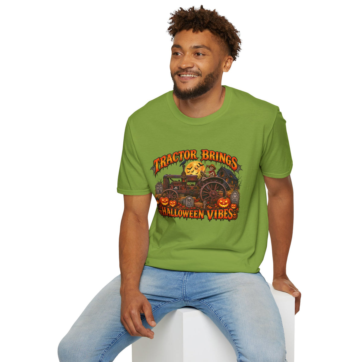 Tractor Brings Halloween Vibes T-Shirt | Pumpkin Farm Tractor Halloween Tee