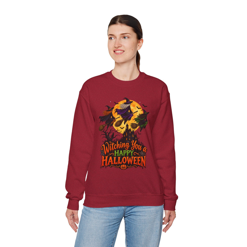Witching You a Happy Halloween Crewneck Sweatshirt | Halloween Skull Moon Design
