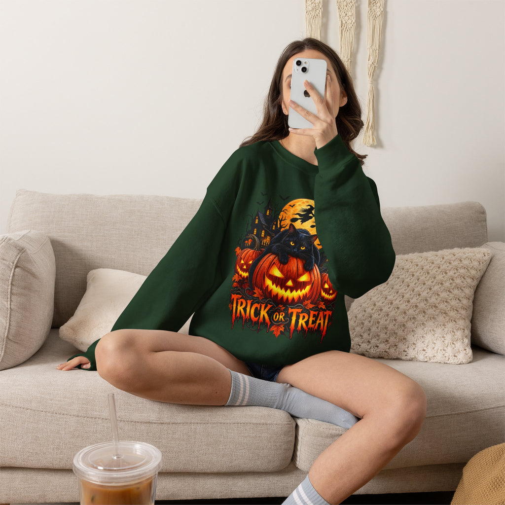 Trick or Treat Pumpkin Cat Sweatshirt | Halloween Jack-O'-Lantern Crewneck