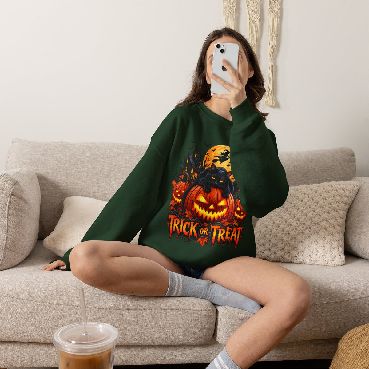 Trick or Treat Pumpkin Cat Sweatshirt | Halloween Jack-O'-Lantern Crewneck