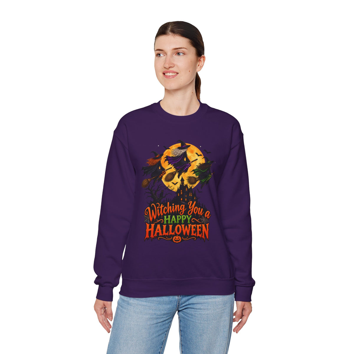 Witching You a Happy Halloween Crewneck Sweatshirt | Halloween Skull Moon Design