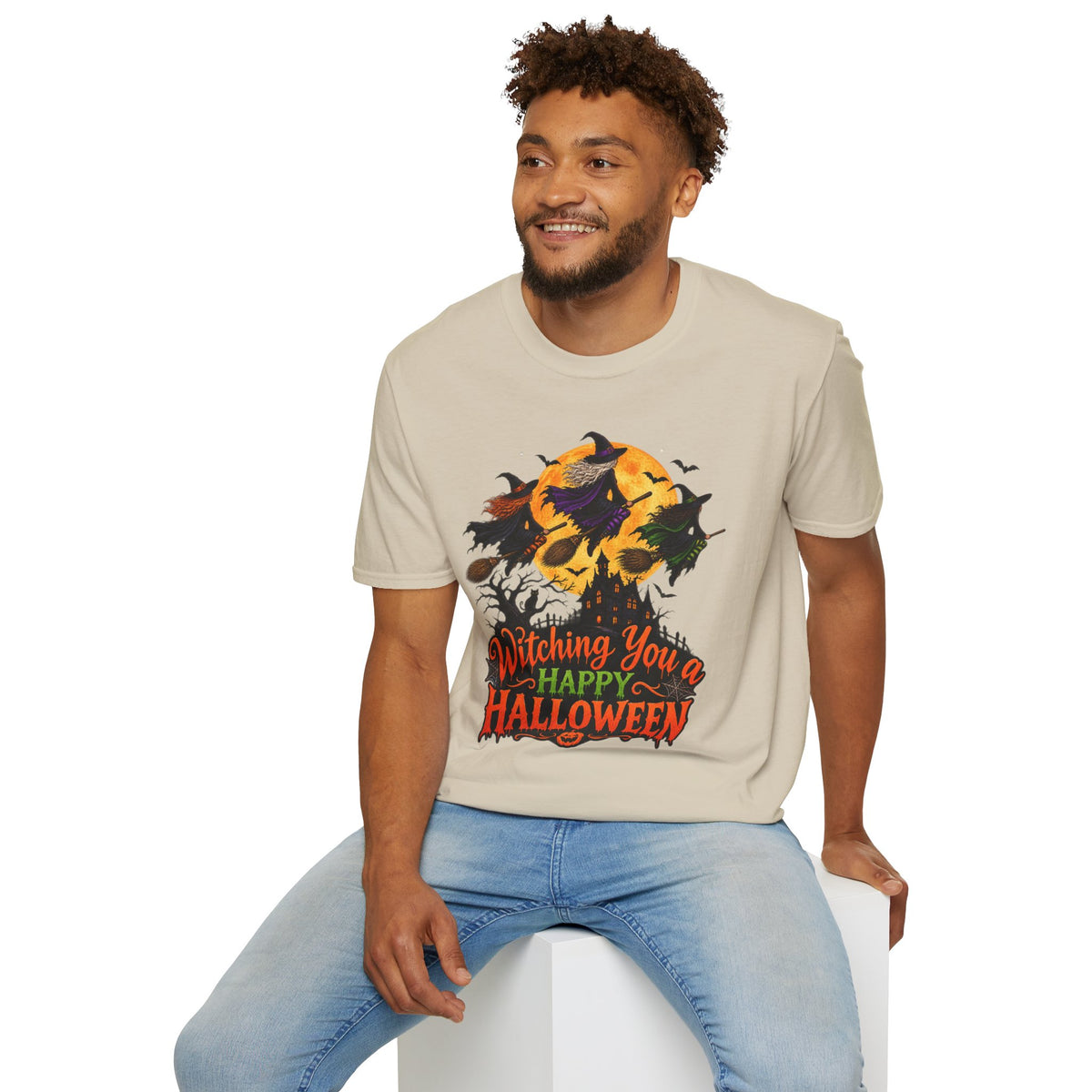 Witching You a Happy Halloween T-Shirt | Witch, Bats, Pumpkin, Moon