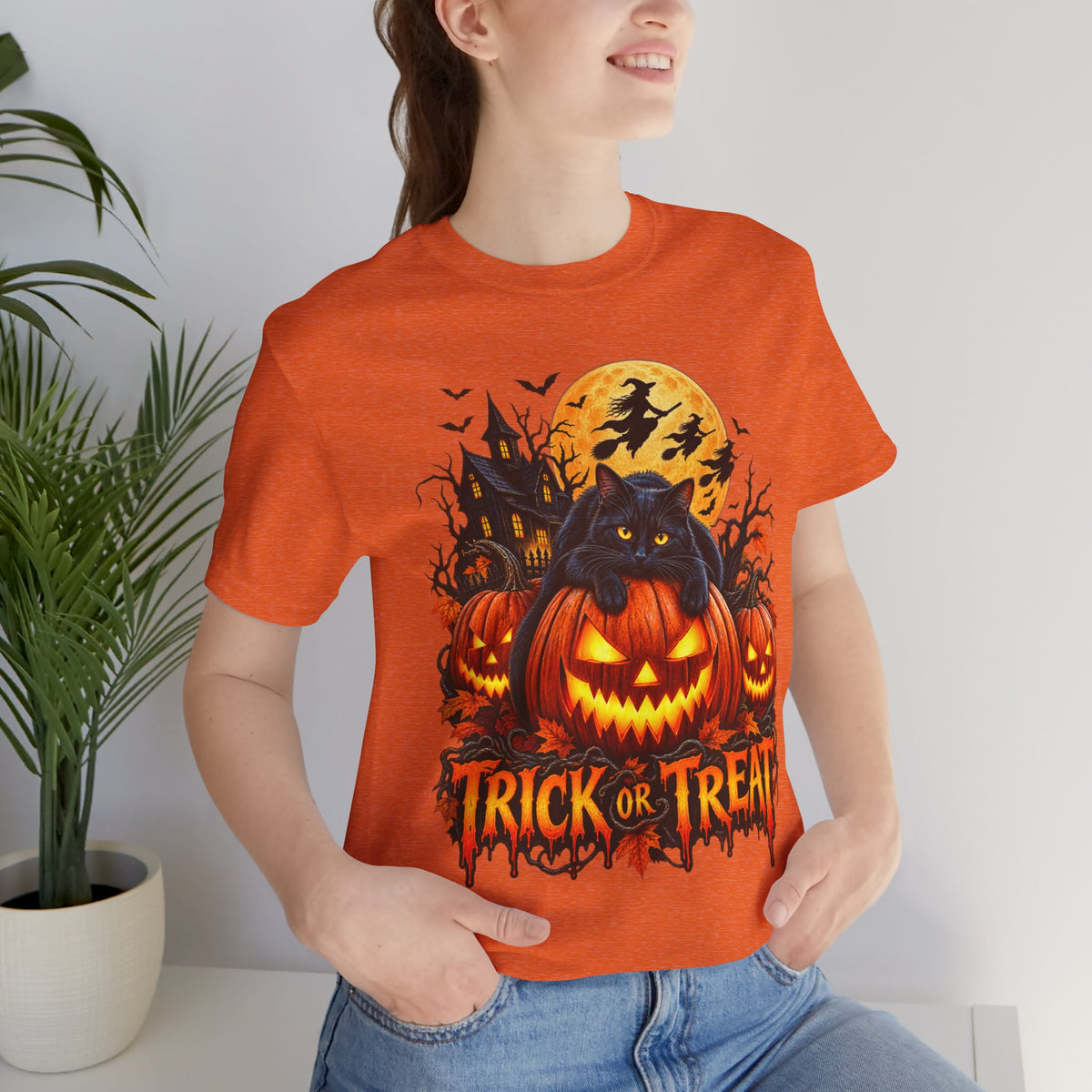Trick or Treat Jack-O'-Lanterns Pumpkin Cat T-Shirt | Halloween Tee, Spooky Haunted Moon