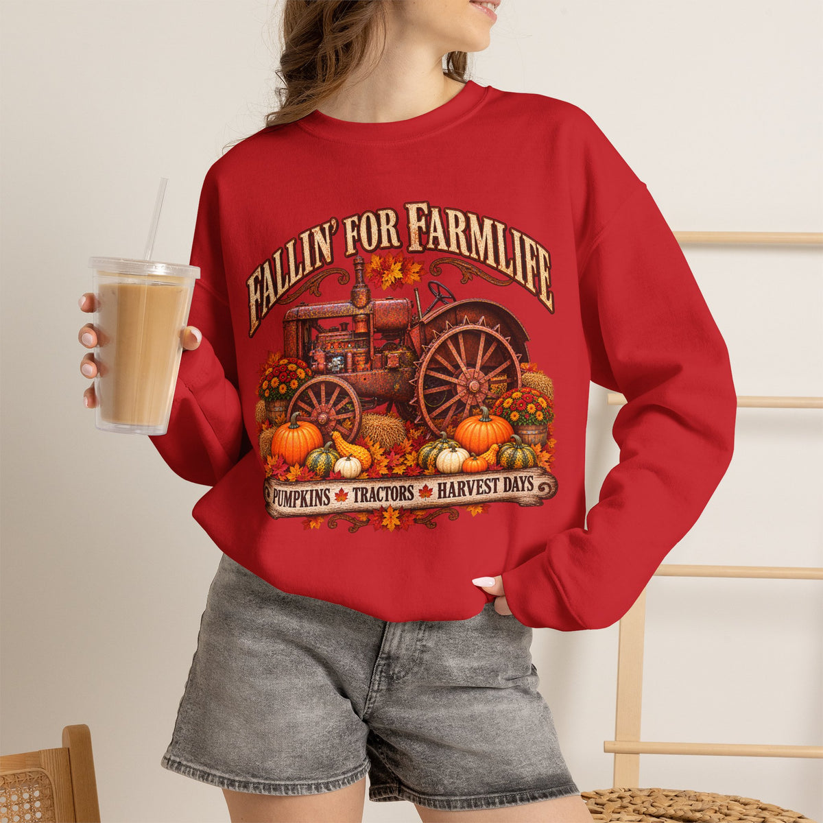 Fallin' for Farm Life Crewneck | Vintage Tractor, Pumpkins, Harvest